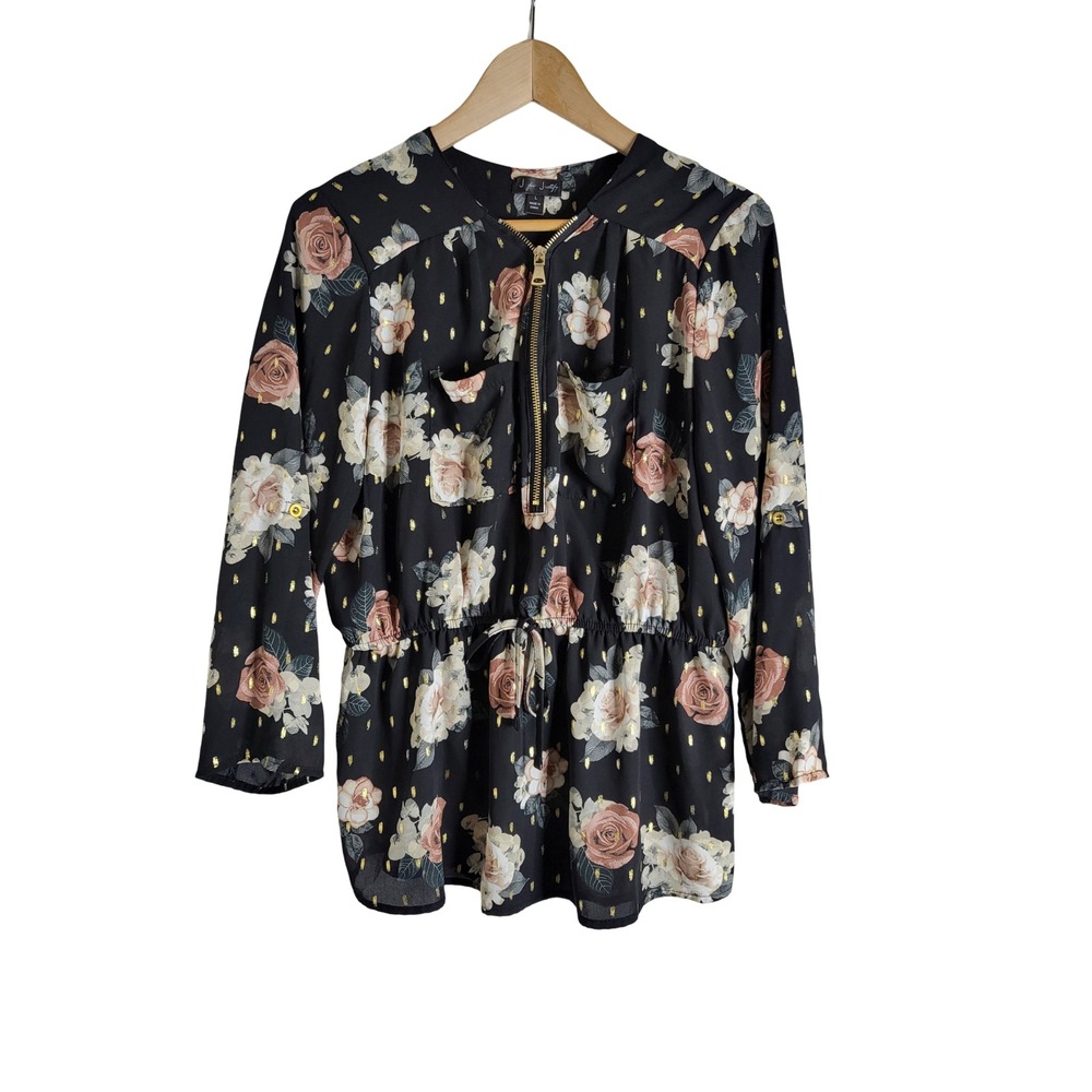 J for Justify Black Floral Gold Foil Half Zip Roll Tab Sleeve Blouse L Romantic